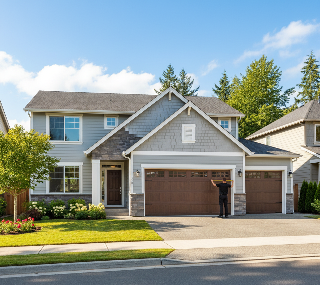 Diagram showing standard single and double garage door sizes.