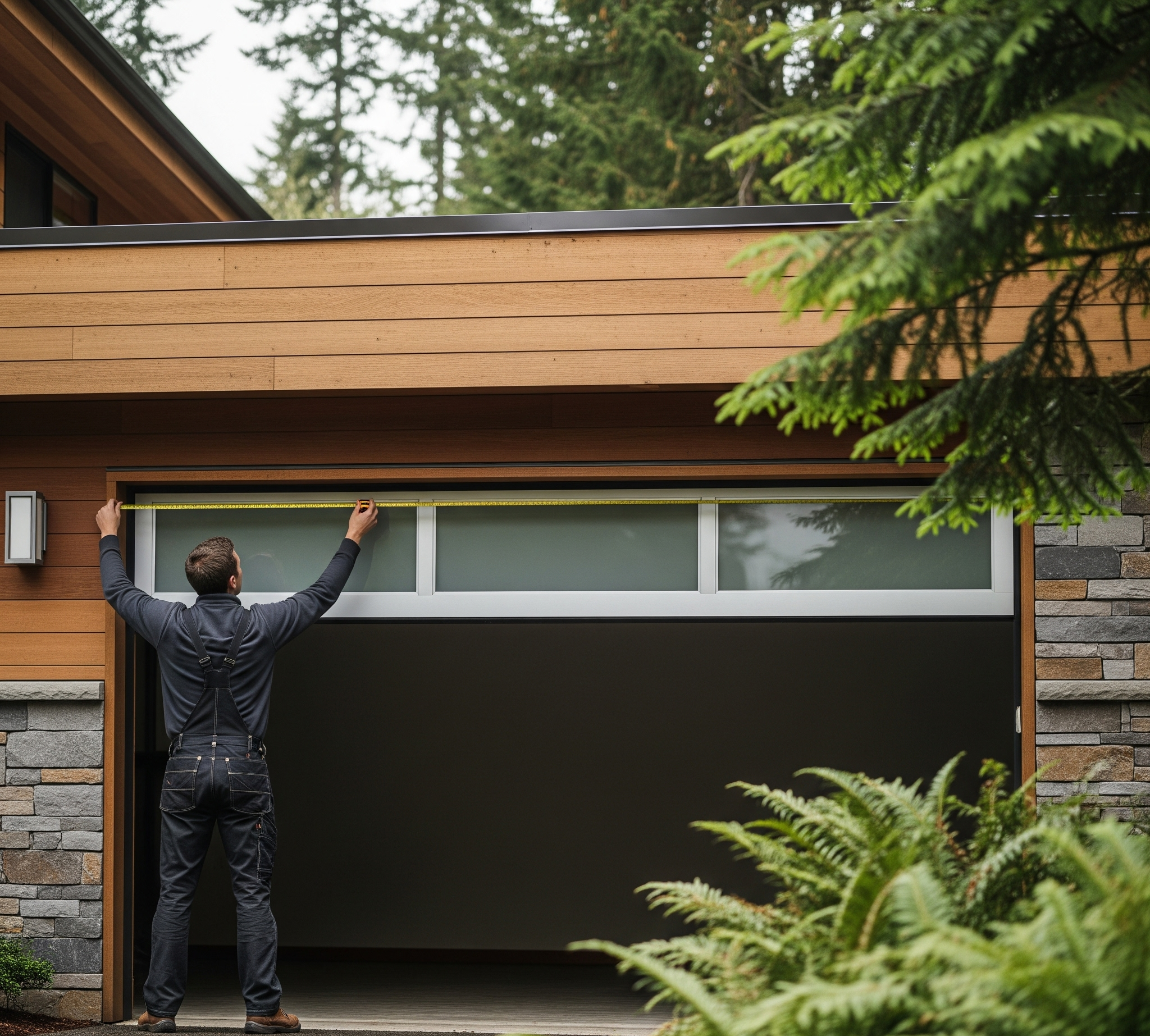 A professional measuring a garage door opening for a perfect fit.