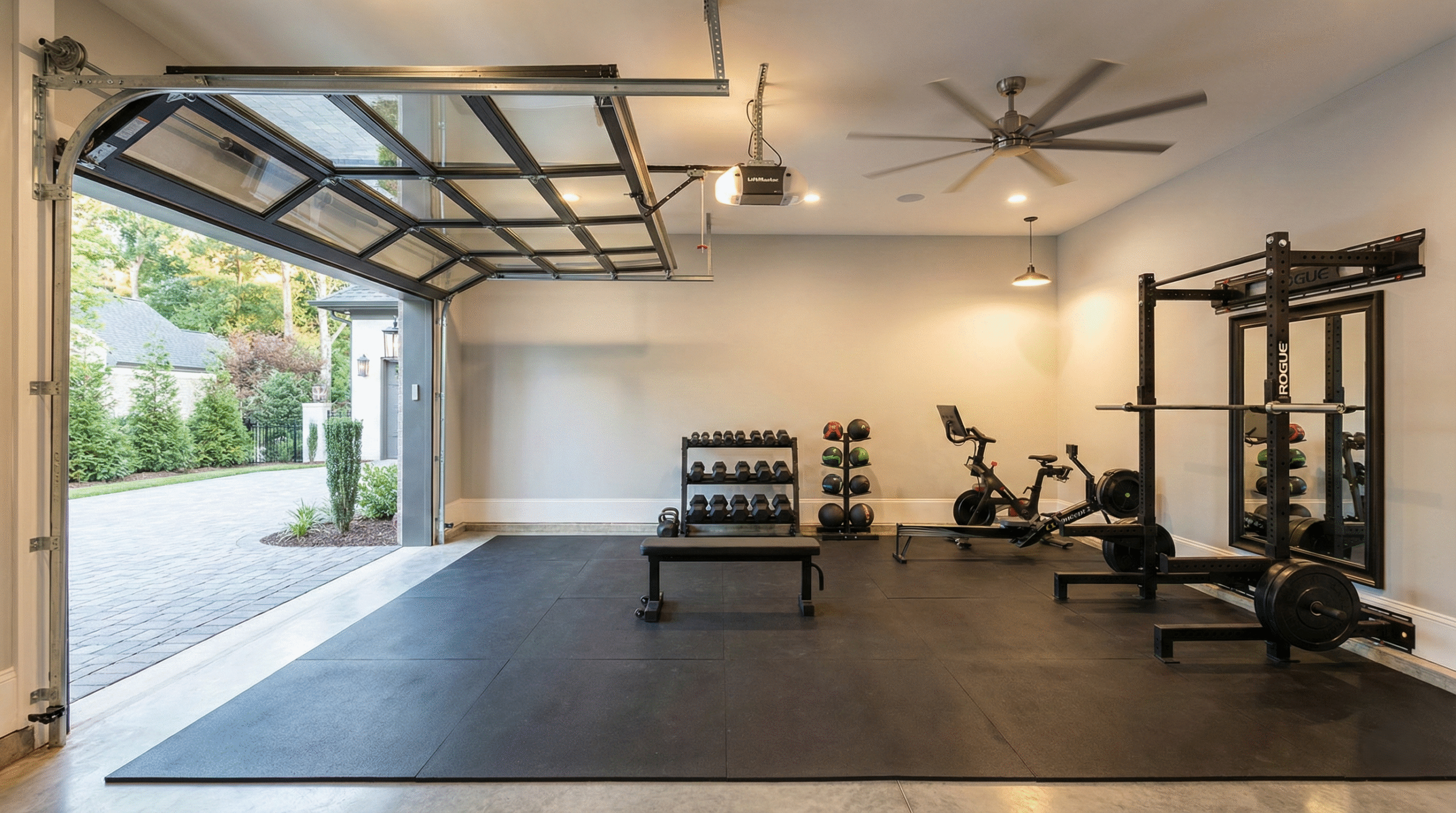 Gym buildout with dumbbells inside of a garage.