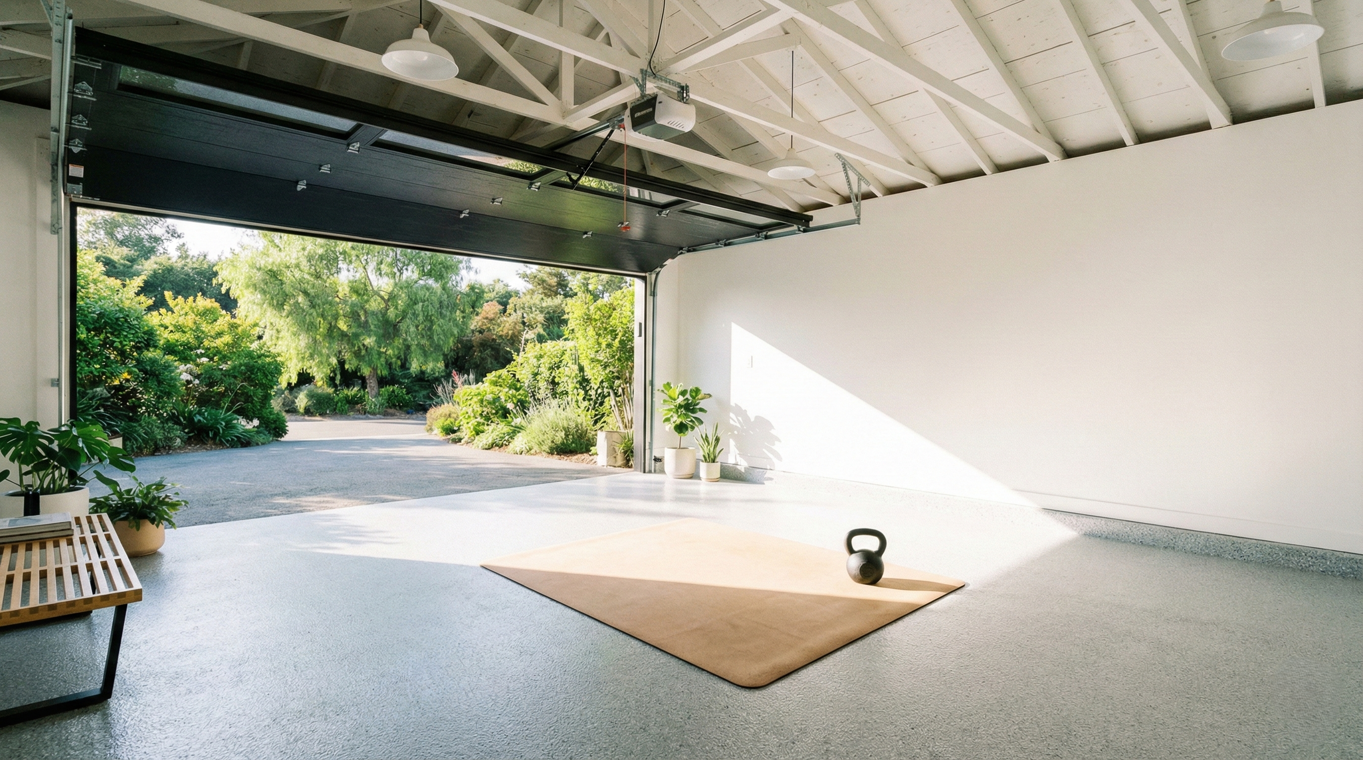 Garage yoga studio conversion with the garage door open.