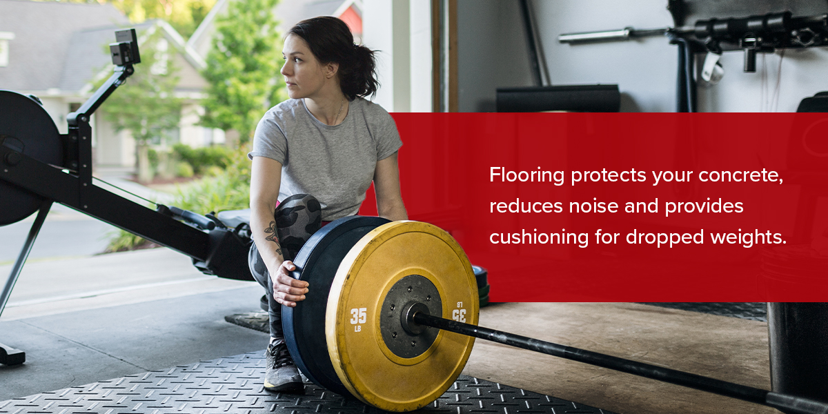 Flooring protects your concrete, reduces noise and provides cushioning for dropped weights.